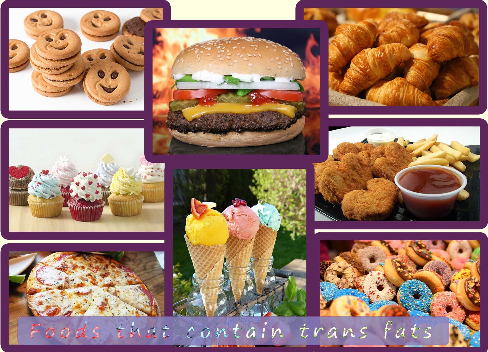 Montage showing foods rich in trans fats.
